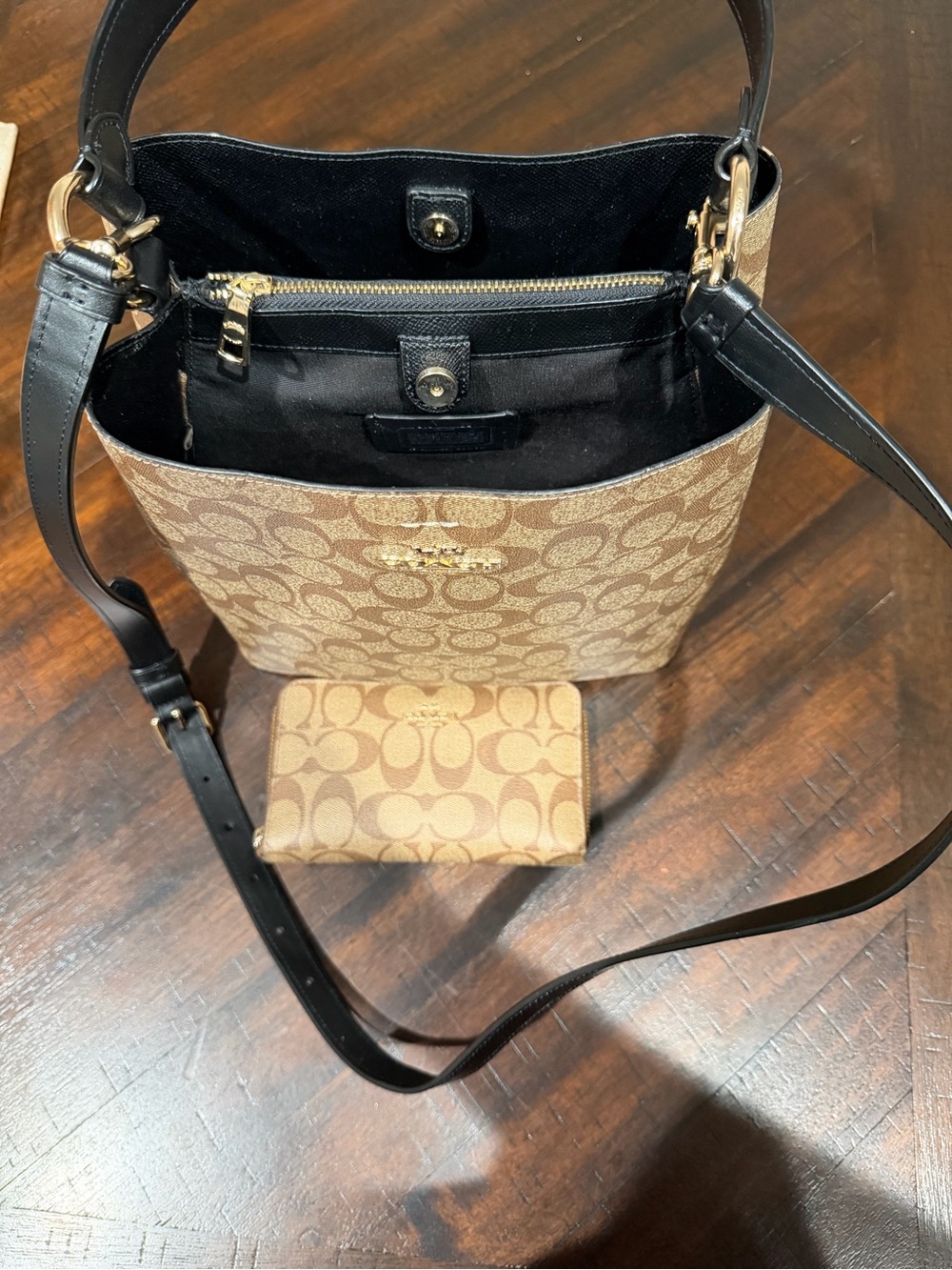 Coach Khaki Signature Canvas Bucket Bag with Black Trim and Matching Wallet
